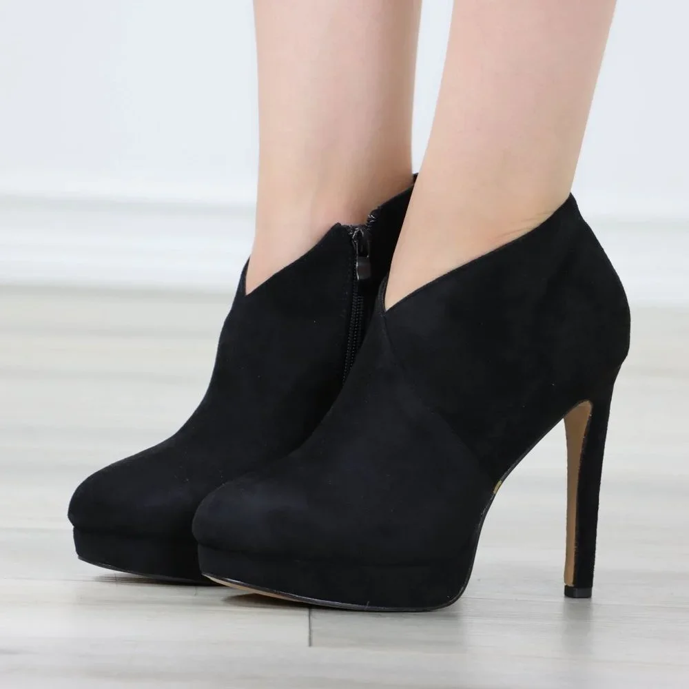 Black High Heel Platform Ankle Boots Stilettos Faux Suede - Picture 11 of 15